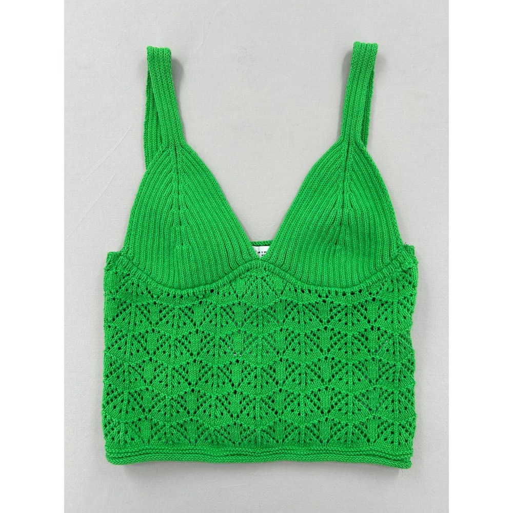 Zara Green Pointelle Knit Crop Top V-Neck Sleeveless Tank Small - Picture 2 of 12